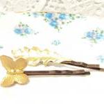 Gold Leaf And Butterfly Hair Pin Set - Bobby Pin -..