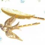 Gold Sparrow And Feather Hair Pins - Bobby Pins -..
