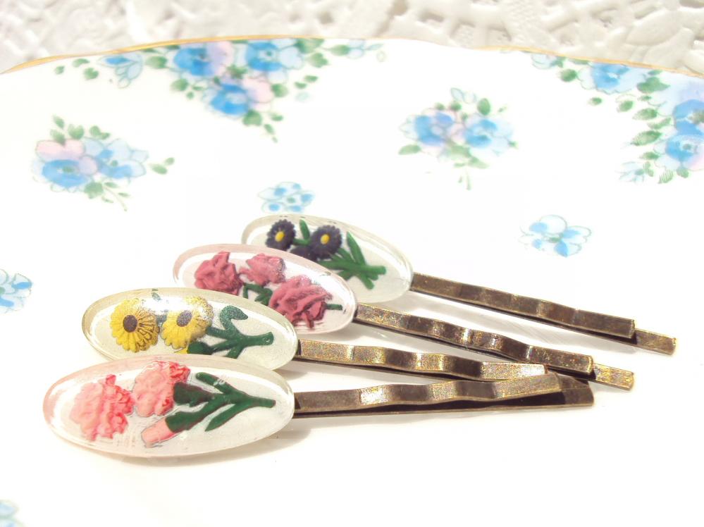Vintage Intaglio Flower Hair Pins - Bobby Pins - Whimsy - Garden - Bridal - Bridesmaid