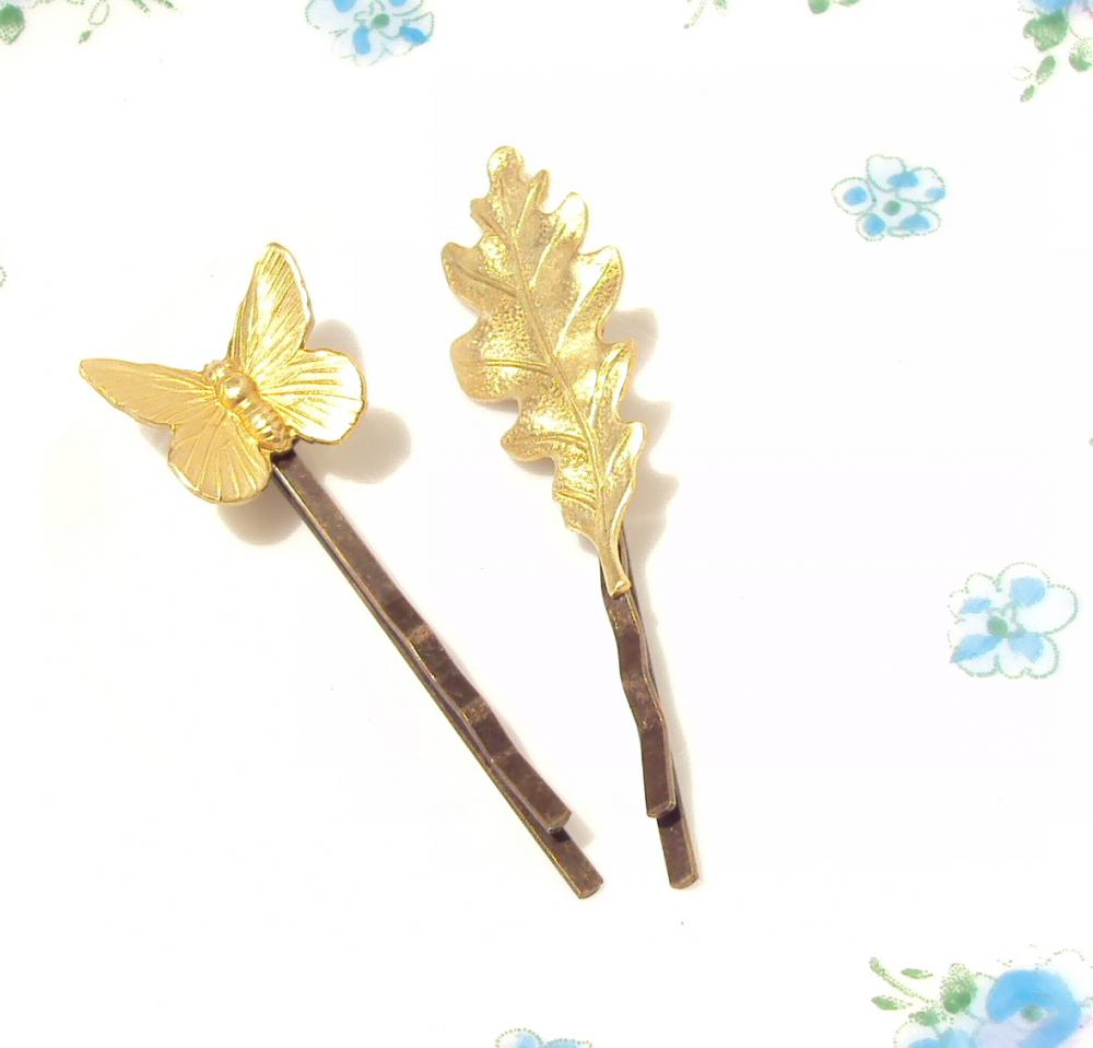 Gold Leaf And Butterfly Hair Pin Set - Bobby Pin - Woodland Collection - Whimsical - Nature - Bridal