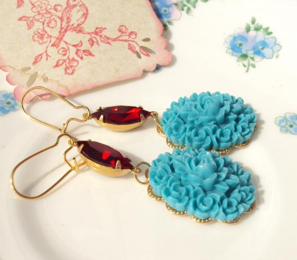 Katherine Earrings - Vintage Siam Ruby Flower Cluster Earrings