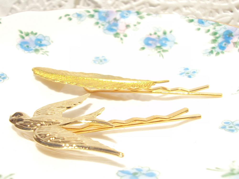 Gold Sparrow And Feather Hair Pins - Bobby Pins - Woodland