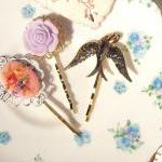 Garden Trio - Sparrow And Flower Gold Bobby Pin..